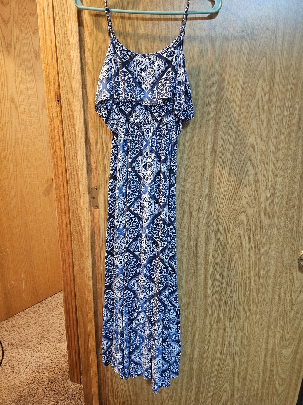 New Look Blue & White Geometric Ruffle Maxi Sundress